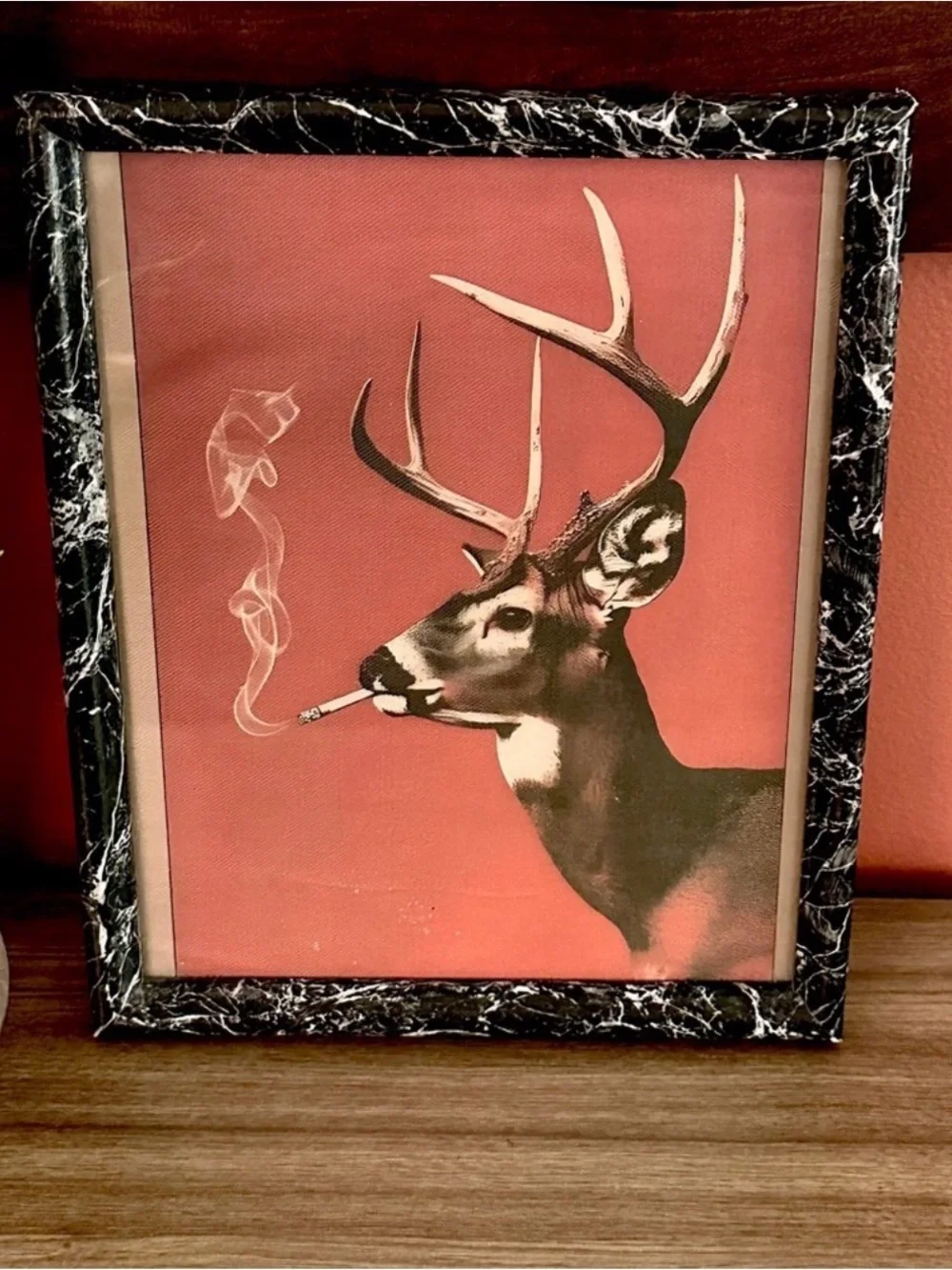 Vintage Style Buck Smoking a Cigarette Canvas Art Print Marbled Framed Deer Hunt